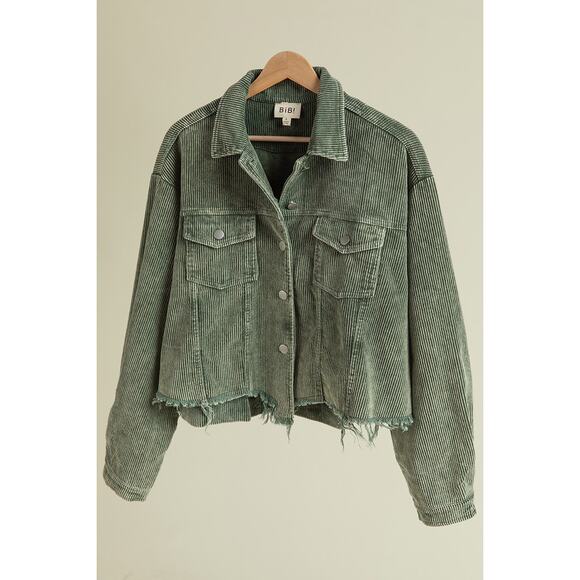 BiBi Vintage Washed Distressed Front Hem Relaxed Fit Corduroy Jacket | Fuchsia - Picture 7 of 7